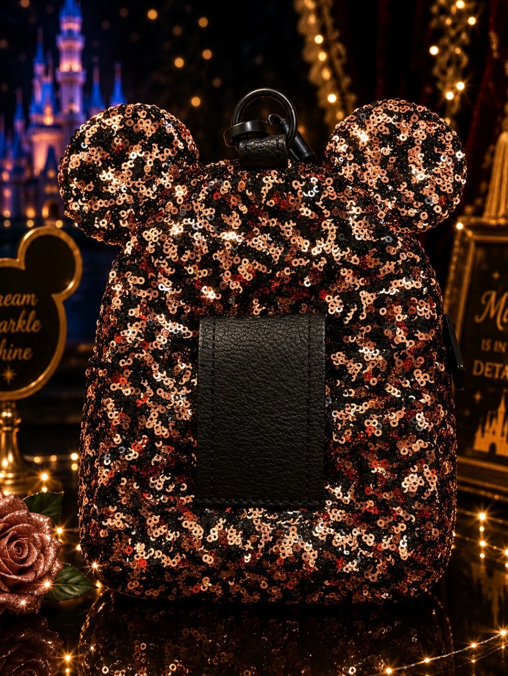 Disney Parks Loungefly Minnie Mouse Briar Rose Gold Sequin Backpack Wristlet - Picture 4 of 5